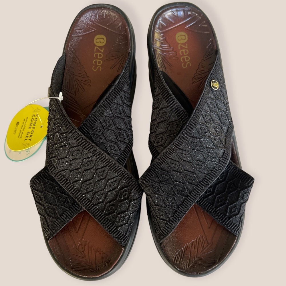 Women's Bzees Desire Comfort Wedge Slip On Slides Sandals Black Size 9